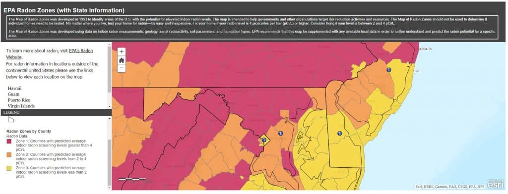 Maryland and South Pennsylvania EPA Radon Zones